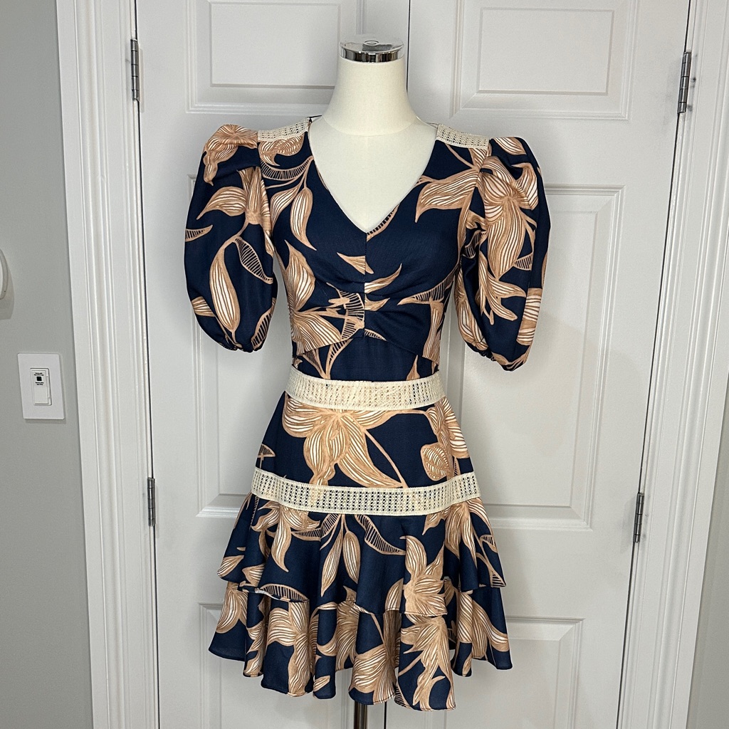 Patbo Floral Puff Sleeve Ruffle Lace Trim A-Lin Navy Blue Mini Dress Size 2